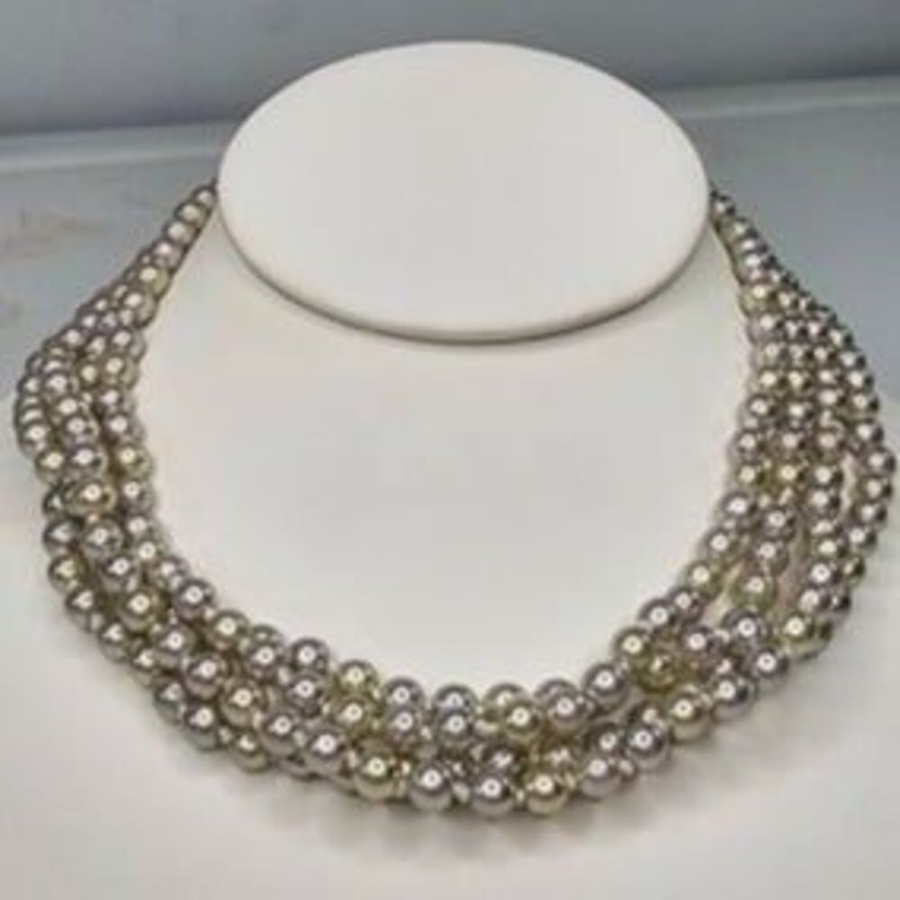 Triple Strand Faux Pearl Lt. Grey, Lt. Yellow Necklace Hook Closure 16"L